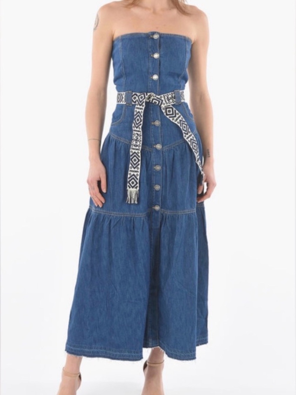 Pinko Strapless Denim Maxi Dress with Boho tie  Belt, US6